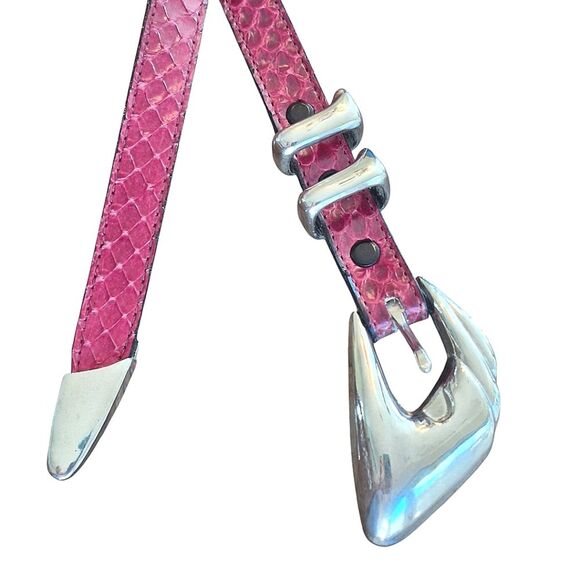 Genuine Snakeskin Belt Chrome Buckle Apple Acc of DE NY Magenta VTG 1970s Sz L - Picture 5 of 16